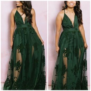LUXXEL Halle Maxi Evening Dress With Velvet Flower Detail in Dark Green